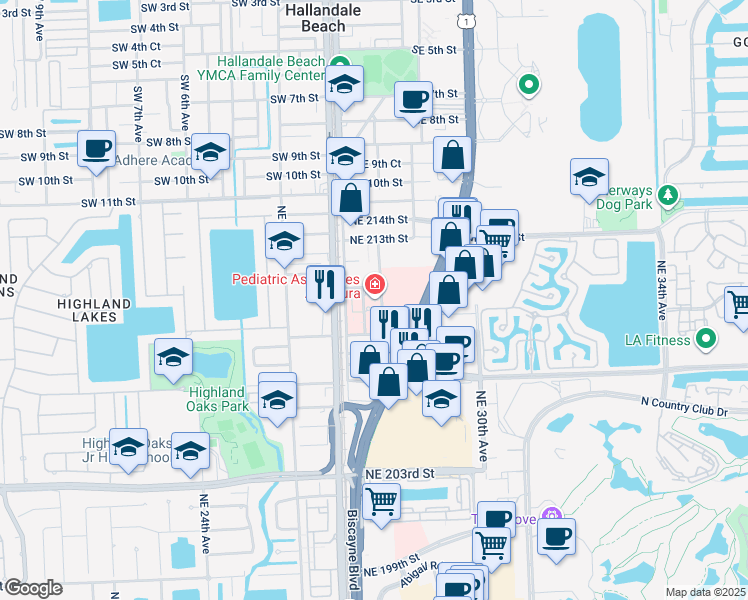 map of restaurants, bars, coffee shops, grocery stores, and more near 21101 Northeast 27th Court in Miami