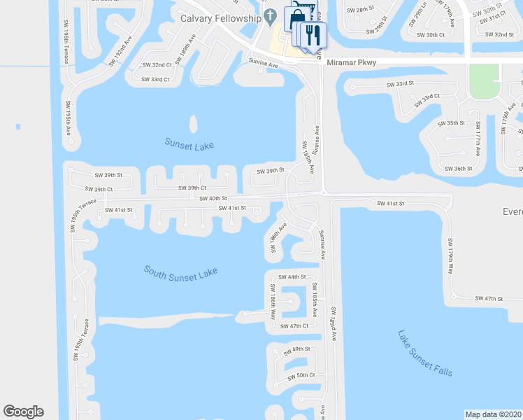 map of restaurants, bars, coffee shops, grocery stores, and more near 18626 Southwest 41st Street in Miramar