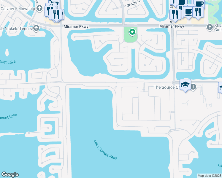 map of restaurants, bars, coffee shops, grocery stores, and more near 17500 Southwest 41st Street in Miramar