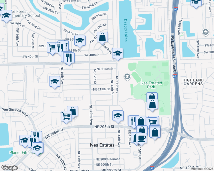 map of restaurants, bars, coffee shops, grocery stores, and more near 1300 Northeast 212th Terrace in North Miami Beach
