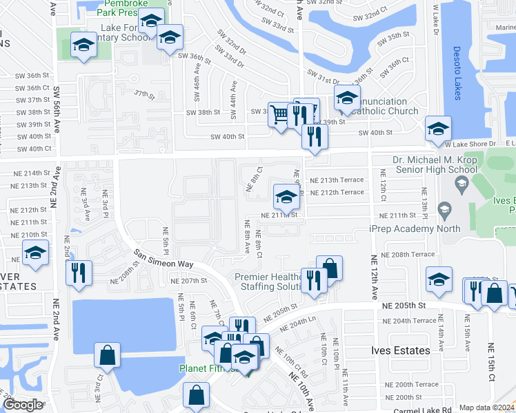 map of restaurants, bars, coffee shops, grocery stores, and more near 835 Northeast 212th Terrace in Miami