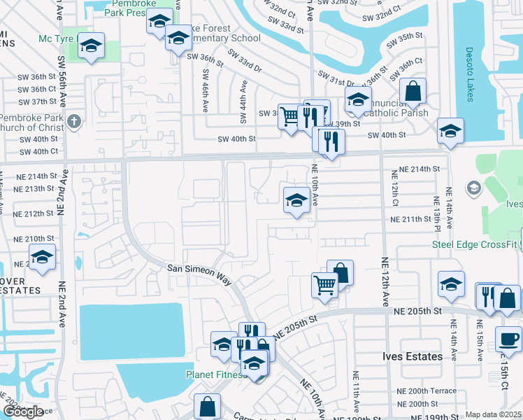 map of restaurants, bars, coffee shops, grocery stores, and more near 835 Northeast 212th Terrace in Miami