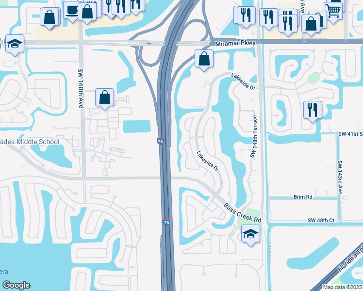 map of restaurants, bars, coffee shops, grocery stores, and more near 4080 Southwest 153rd Avenue in Miramar
