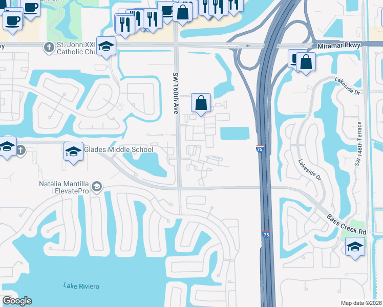 map of restaurants, bars, coffee shops, grocery stores, and more near 4311 Southwest 160th Avenue in Miramar