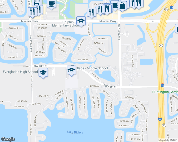 map of restaurants, bars, coffee shops, grocery stores, and more near 4760 Southwest 165th Avenue in Miramar