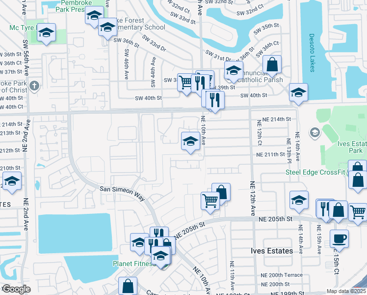 map of restaurants, bars, coffee shops, grocery stores, and more near 21230 Northeast 9th Court in Miami