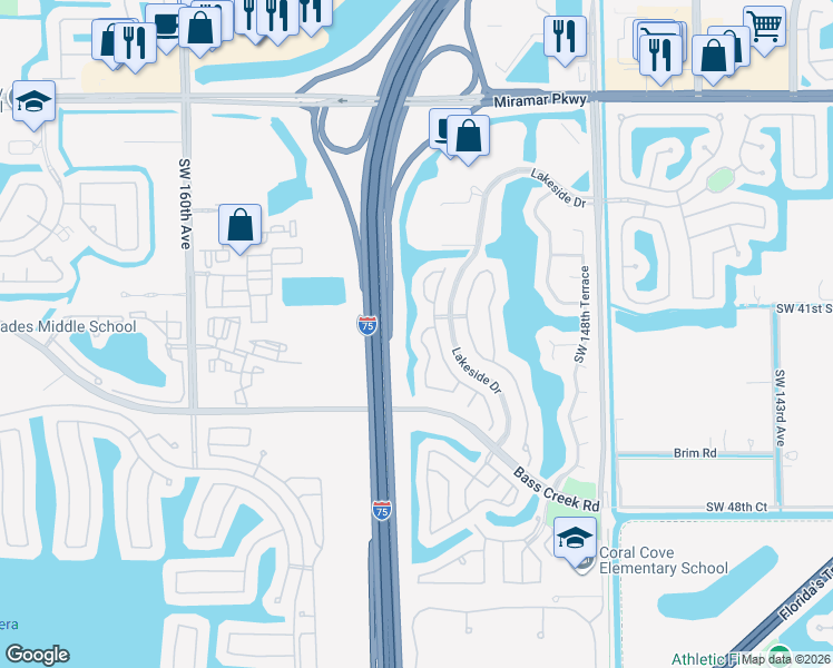 map of restaurants, bars, coffee shops, grocery stores, and more near 4080 Southwest 153rd Avenue in Miramar