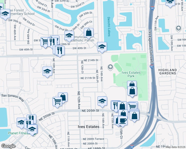 map of restaurants, bars, coffee shops, grocery stores, and more near 1300 Northeast 212th Terrace in North Miami Beach