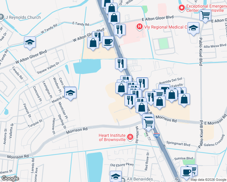 map of restaurants, bars, coffee shops, grocery stores, and more near 4475 U.S. 77 in Brownsville