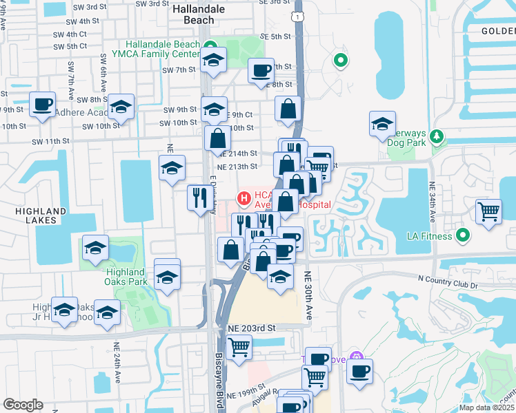 map of restaurants, bars, coffee shops, grocery stores, and more near 21110 Biscayne Boulevard in Aventura
