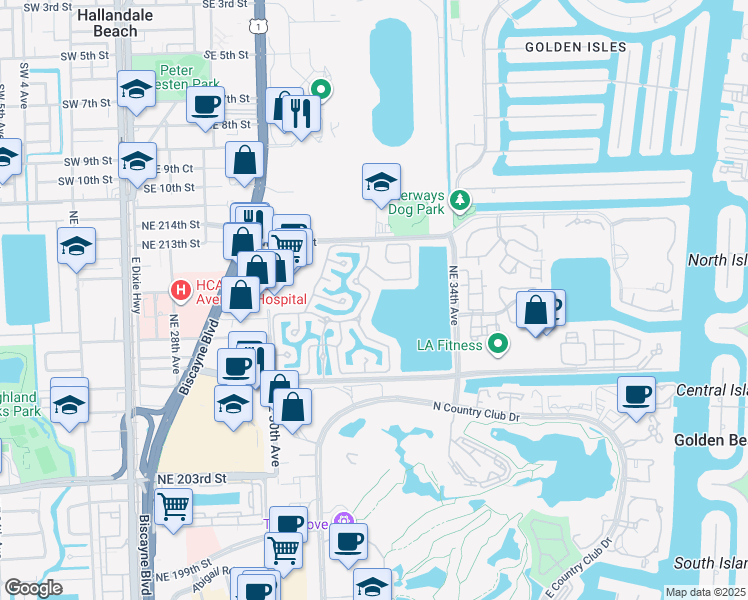 map of restaurants, bars, coffee shops, grocery stores, and more near 3187 Northeast 211 Street in Aventura