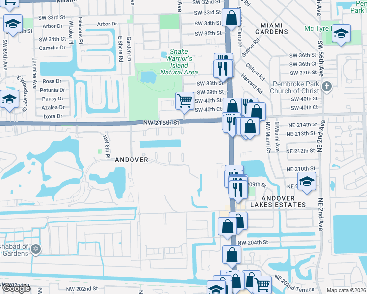 map of restaurants, bars, coffee shops, grocery stores, and more near 350 NW 215th St in Miami