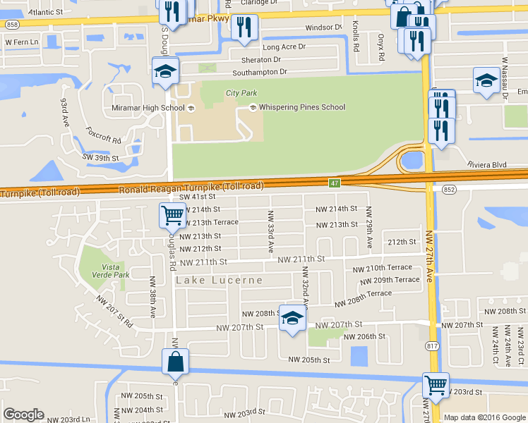 map of restaurants, bars, coffee shops, grocery stores, and more near 3331 Northwest 214th Street in Miami Gardens