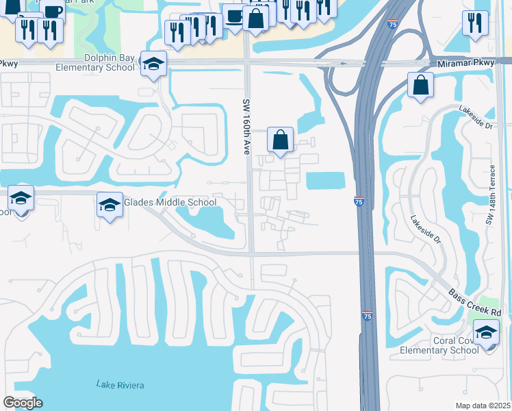 map of restaurants, bars, coffee shops, grocery stores, and more near 4190 Southwest 159th Avenue in Miramar