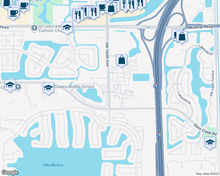 map of restaurants, bars, coffee shops, grocery stores, and more near 4190 Southwest 159th Avenue in Miramar