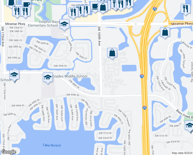 map of restaurants, bars, coffee shops, grocery stores, and more near 4190 Southwest 159th Avenue in Miramar