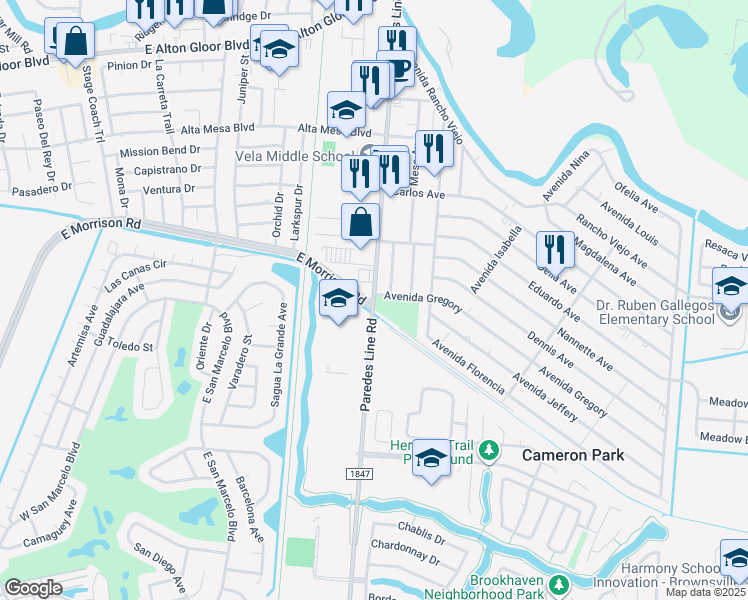 map of restaurants, bars, coffee shops, grocery stores, and more near 4402 Paredes Line Road in Brownsville