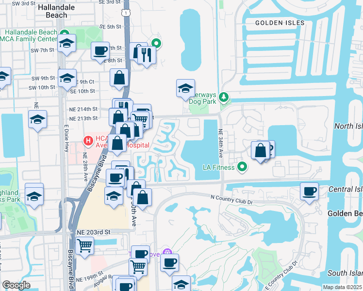 map of restaurants, bars, coffee shops, grocery stores, and more near 3187 Northeast 211 Street in Aventura