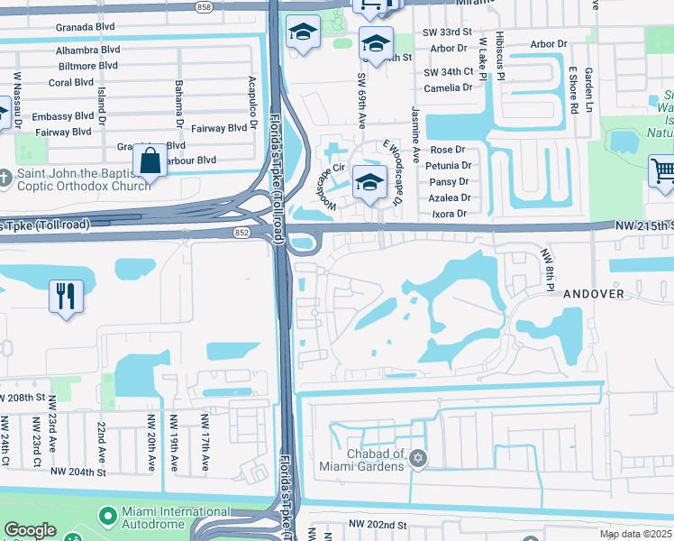 map of restaurants, bars, coffee shops, grocery stores, and more near 21213 Northwest 14th Place in Miami Gardens