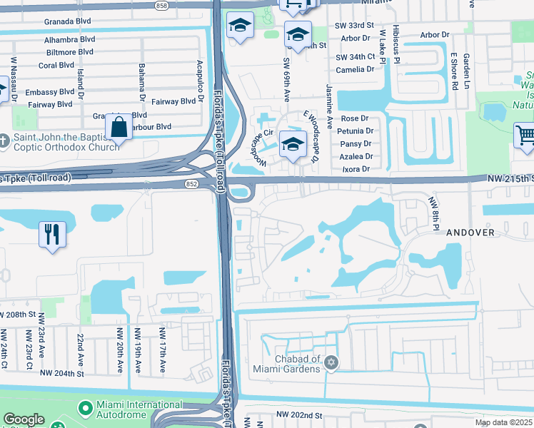 map of restaurants, bars, coffee shops, grocery stores, and more near 21219 Northwest 14th Place in Miami Gardens