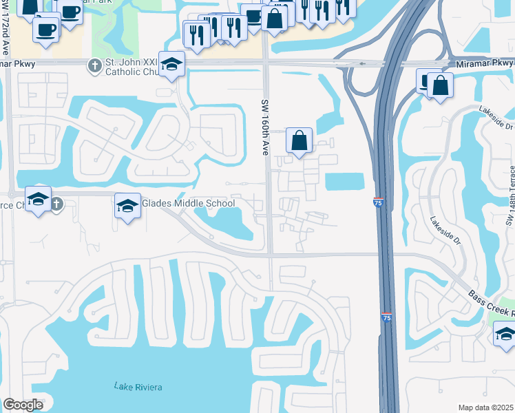 map of restaurants, bars, coffee shops, grocery stores, and more near 4190 Southwest 159th Avenue in Miramar