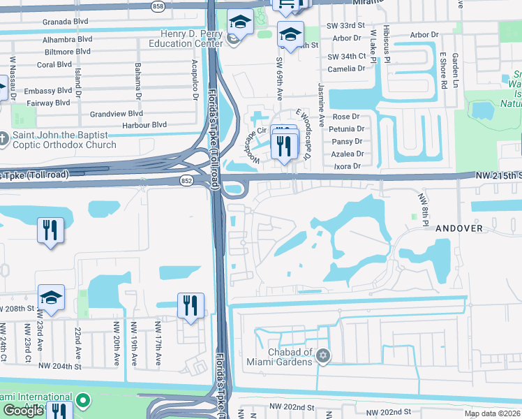 map of restaurants, bars, coffee shops, grocery stores, and more near 1413 Northwest 214th Terrace in Miami Gardens