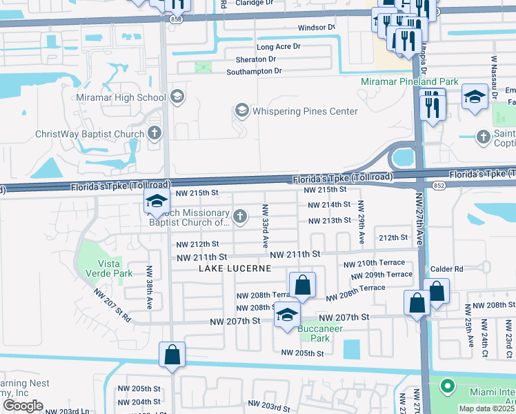 map of restaurants, bars, coffee shops, grocery stores, and more near 3331 Northwest 214th Street in Miami Gardens