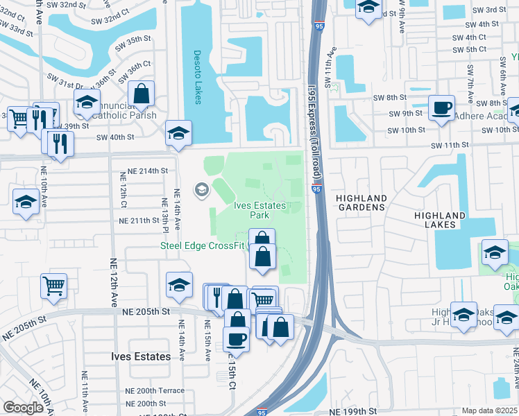 map of restaurants, bars, coffee shops, grocery stores, and more near 20901 Northeast 16th Avenue in Miami