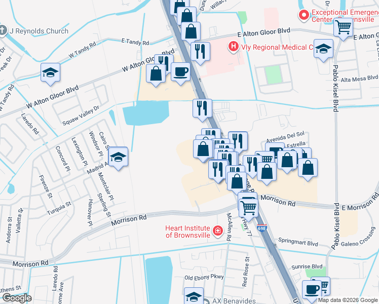 map of restaurants, bars, coffee shops, grocery stores, and more near 4475 U.S. 77 in Brownsville