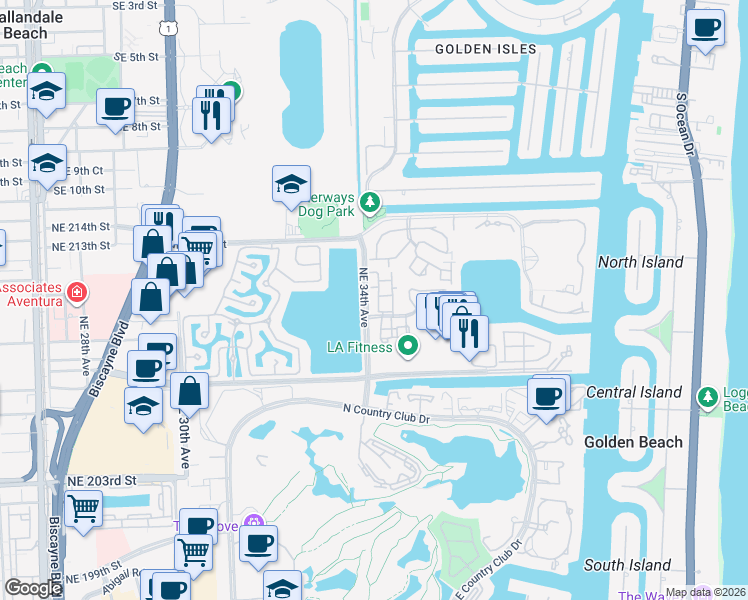 map of restaurants, bars, coffee shops, grocery stores, and more near 3441 Northeast 210th Terrace in Aventura