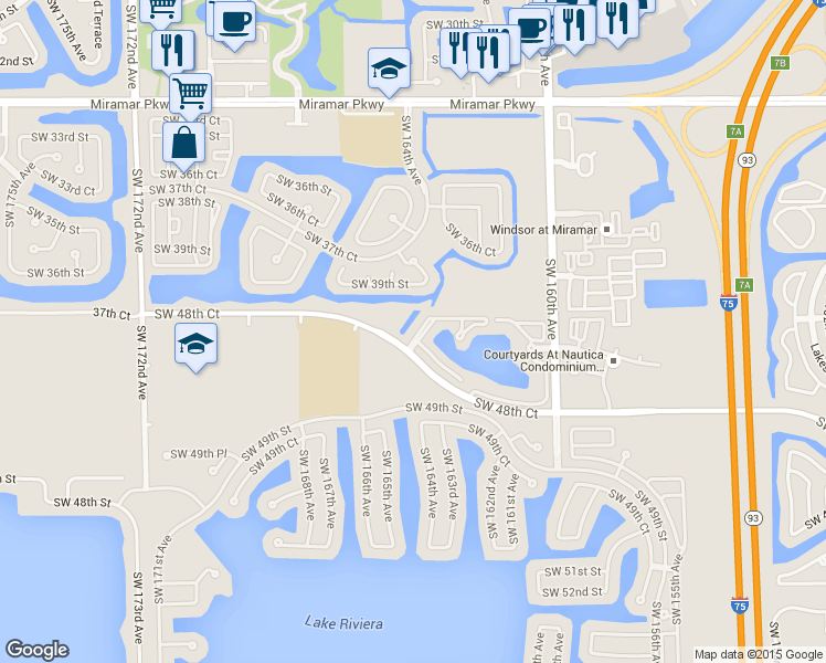 map of restaurants, bars, coffee shops, grocery stores, and more near 4764 Southwest 165th Avenue in Miramar