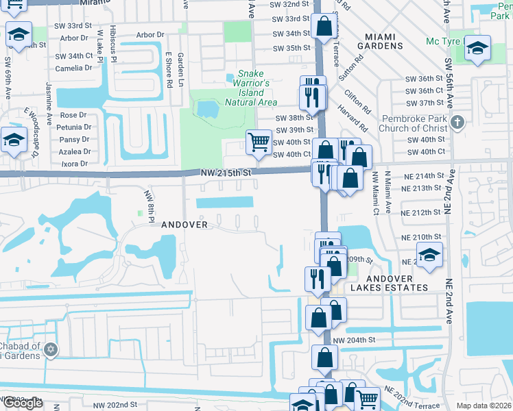 map of restaurants, bars, coffee shops, grocery stores, and more near 425 Northwest 210th Street in North Miami Beach