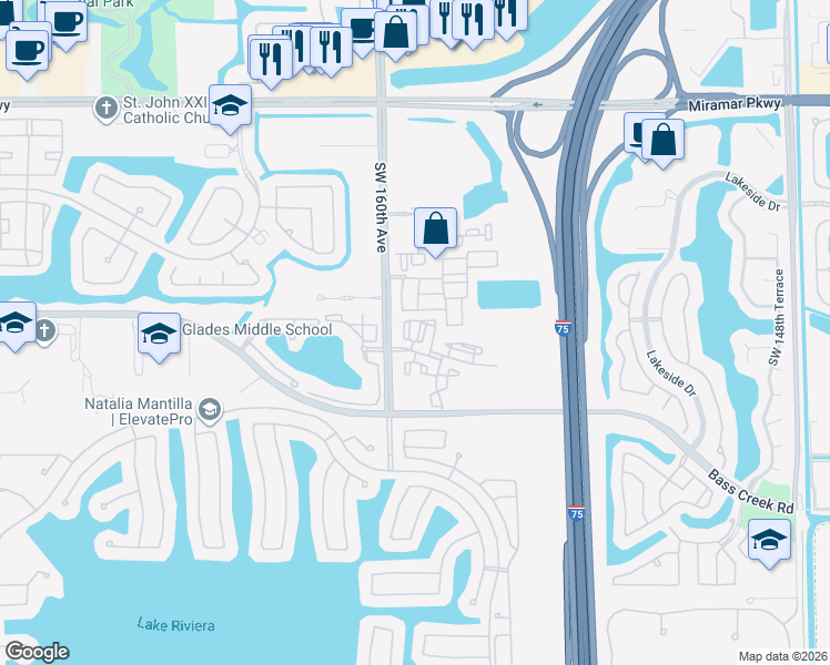 map of restaurants, bars, coffee shops, grocery stores, and more near 4311 Southwest 160th Avenue in Miramar