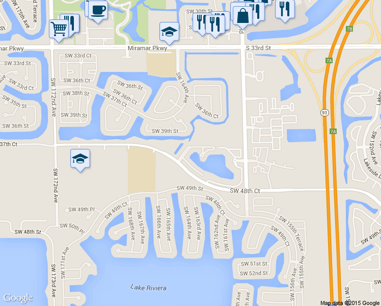 map of restaurants, bars, coffee shops, grocery stores, and more near 16413 Southwest 47th Court in Miramar