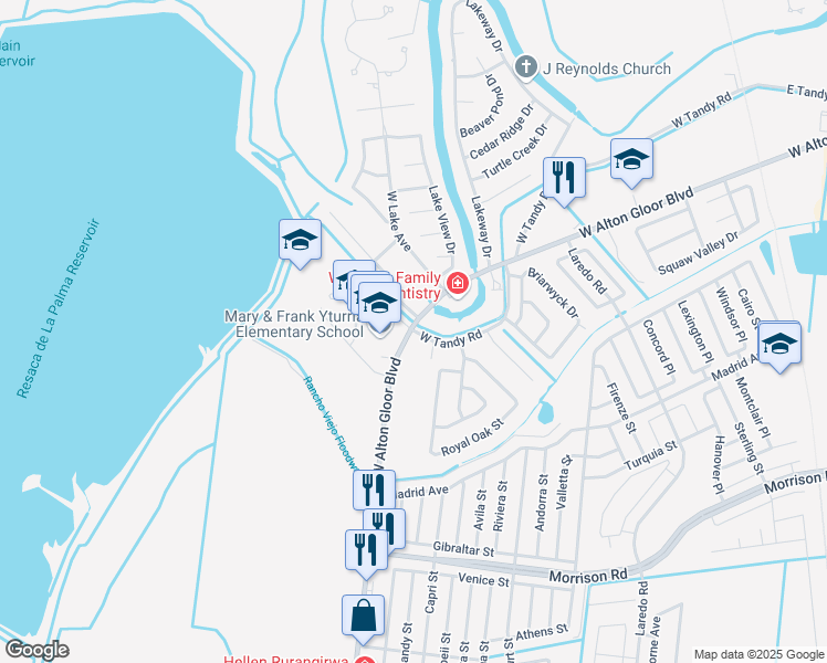 map of restaurants, bars, coffee shops, grocery stores, and more near 2977 West Tandy Road in Brownsville