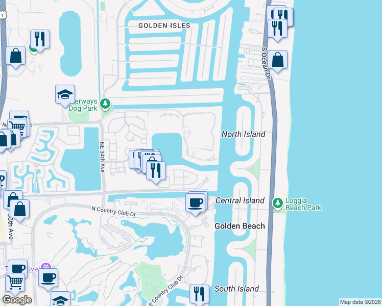 map of restaurants, bars, coffee shops, grocery stores, and more near 3750 Yacht Club Drive in Miami