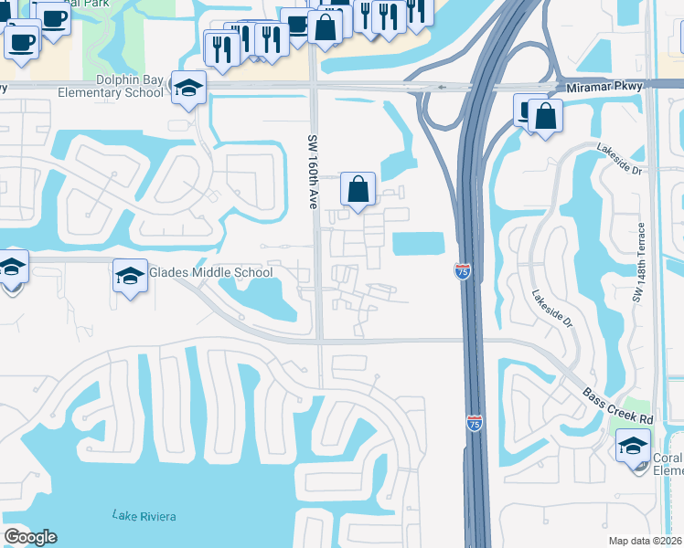 map of restaurants, bars, coffee shops, grocery stores, and more near 4311 Southwest 160th Avenue in Miramar