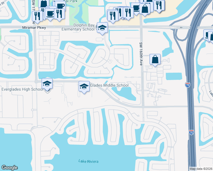 map of restaurants, bars, coffee shops, grocery stores, and more near 4760 Southwest 165th Avenue in Miramar