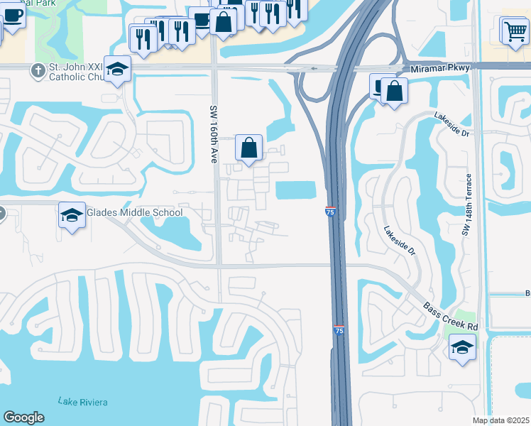 map of restaurants, bars, coffee shops, grocery stores, and more near 4279 Southwest 156th Avenue in Miramar