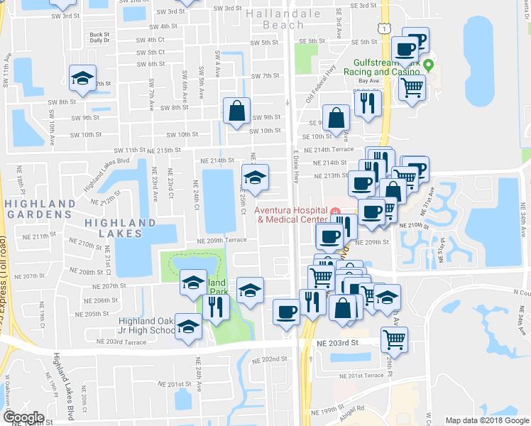 map of restaurants, bars, coffee shops, grocery stores, and more near 21101 Northeast 26th Avenue in Miami