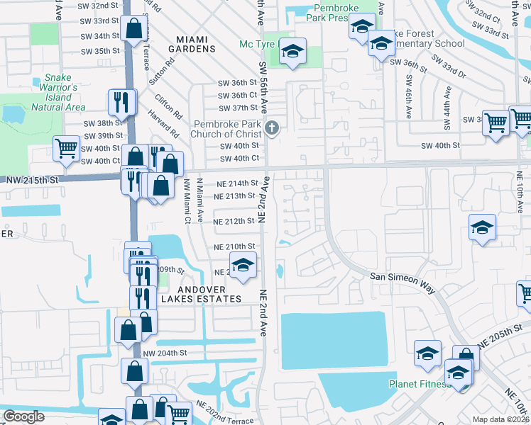 map of restaurants, bars, coffee shops, grocery stores, and more near 21160 Northeast 2nd Court in North Miami Beach