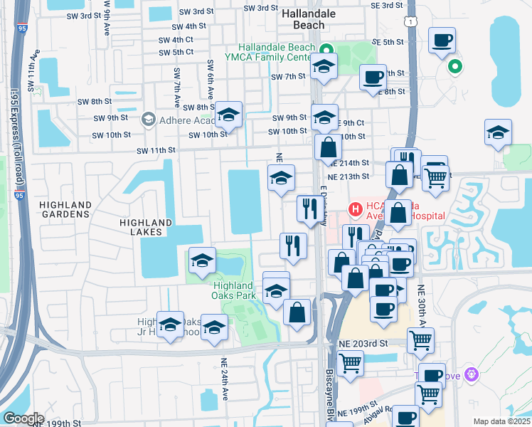 map of restaurants, bars, coffee shops, grocery stores, and more near 21120 Northeast 25th Court in Miami