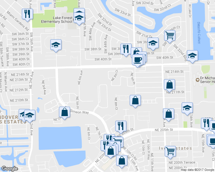 map of restaurants, bars, coffee shops, grocery stores, and more near 21213 San Simeon Way in Miami