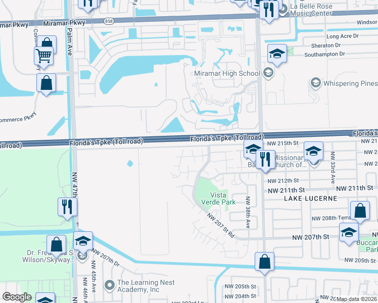 map of restaurants, bars, coffee shops, grocery stores, and more near 21472 Northwest 40th Circle Court in Miami Gardens