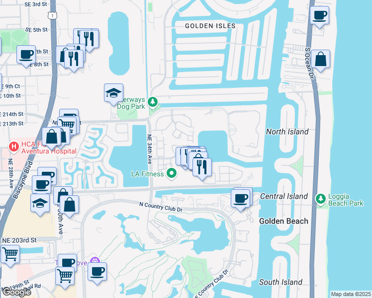 map of restaurants, bars, coffee shops, grocery stores, and more near 3549 Magellan Circle in Aventura