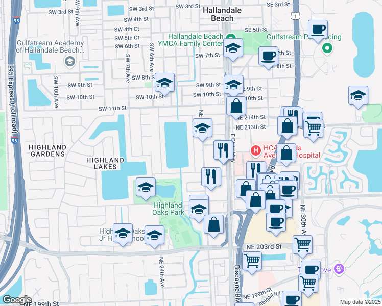 map of restaurants, bars, coffee shops, grocery stores, and more near 21120 Northeast 25th Court in Miami