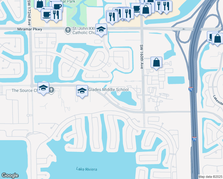 map of restaurants, bars, coffee shops, grocery stores, and more near 16413 Southwest 47th Court in Miramar