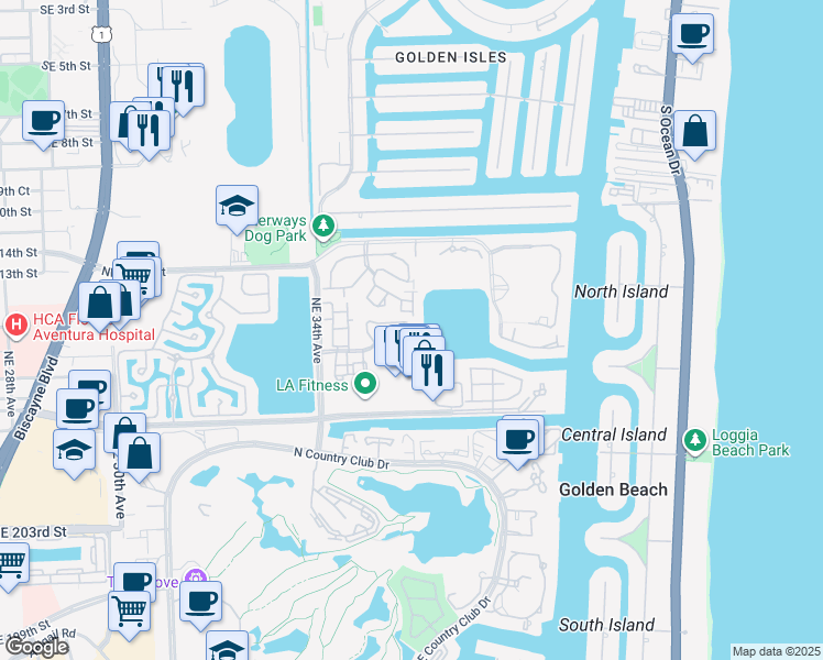 map of restaurants, bars, coffee shops, grocery stores, and more near 3549 Magellan Circle in Aventura