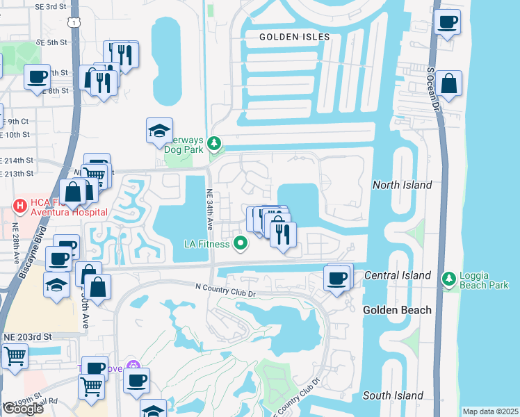 map of restaurants, bars, coffee shops, grocery stores, and more near 3549 Magellan Circle in Aventura