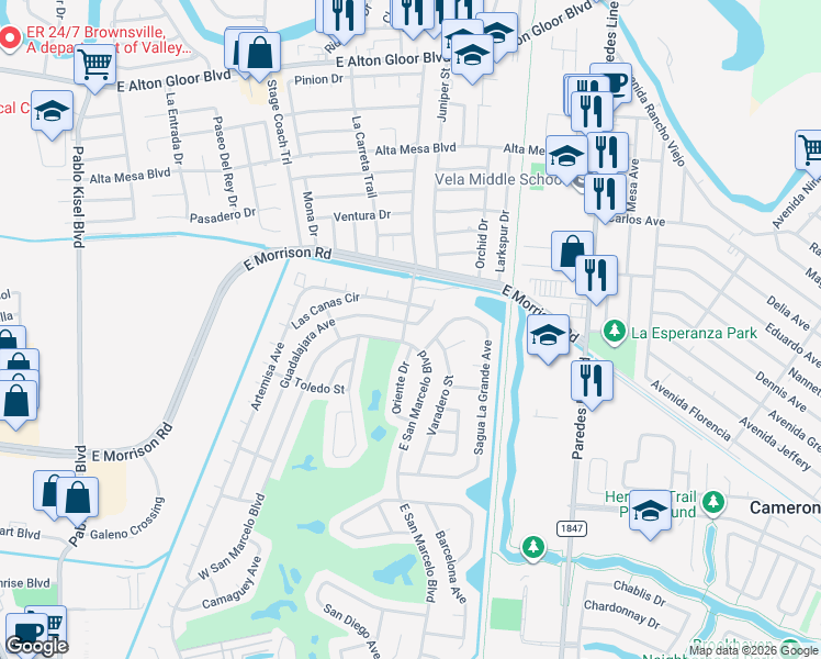 map of restaurants, bars, coffee shops, grocery stores, and more near 1505 Guadalajara Ave in Brownsville